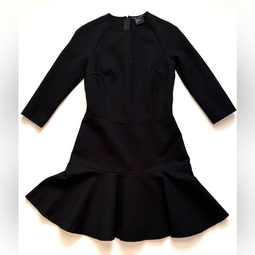 ARMANI EXCHANGE Black Drop Waist Ruffle Flounce Hem Classic Scuba Dress Small